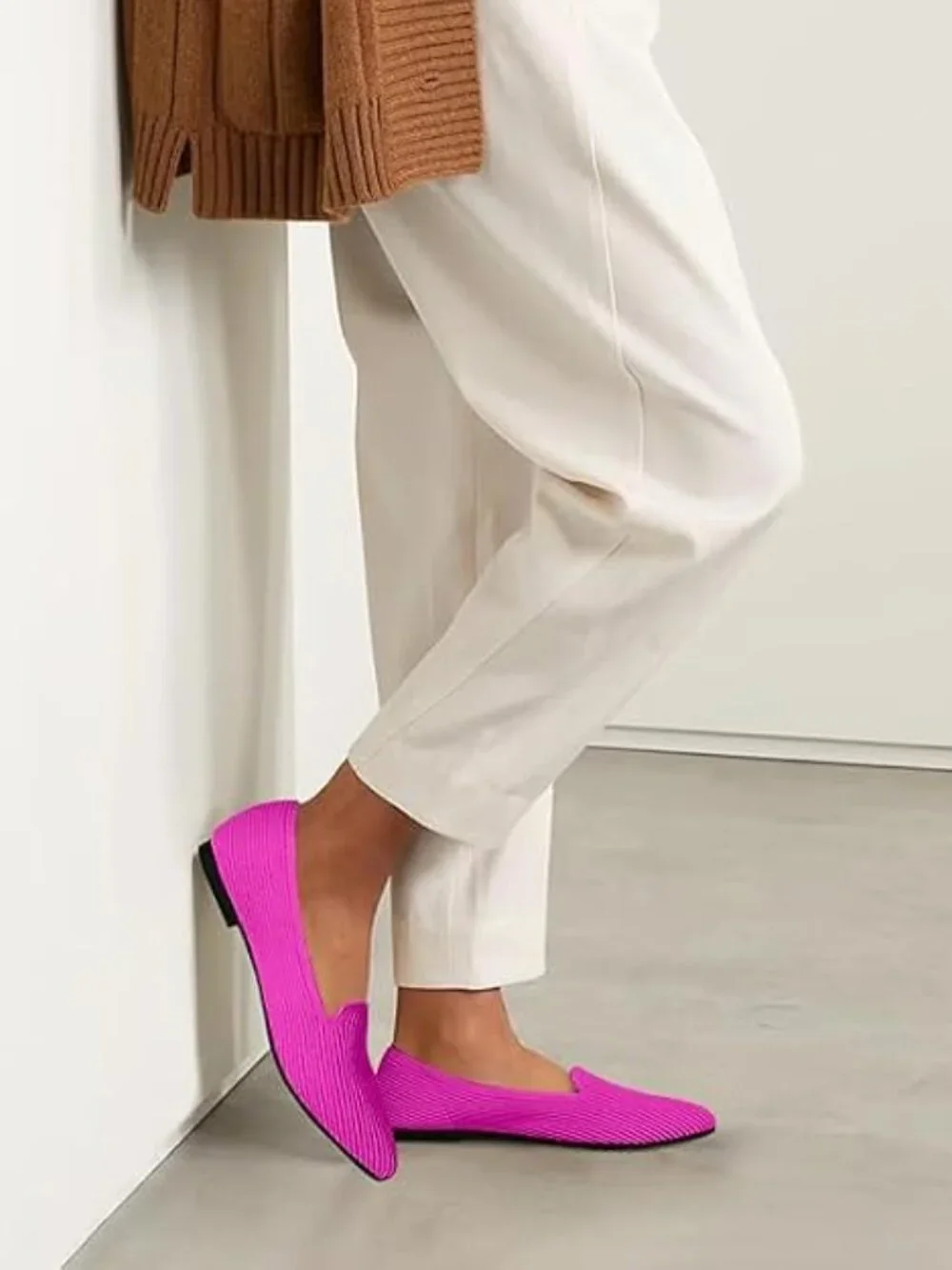 Women's Pink Pointed Toe Knit Ballet Flats Washable Important Work Shoes